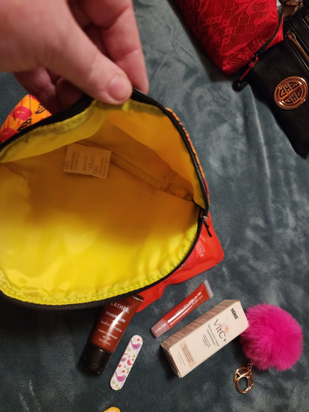 Orange & Pink Cosmetic Pouch with Pom Pom Keychain Beauty Bundle Over $75 Value - Picture 10 of 12